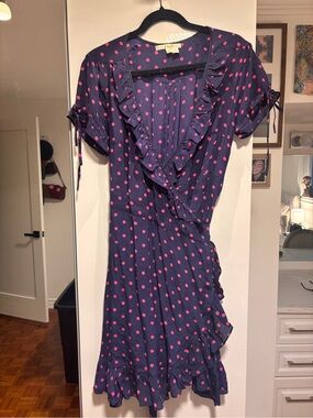 Uttam London Navy Midi Wrap Dress with Pink Polka Dots